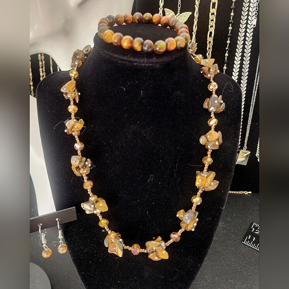 Tiger Eye and Crystal Necklace Bracelet and Earrings Set